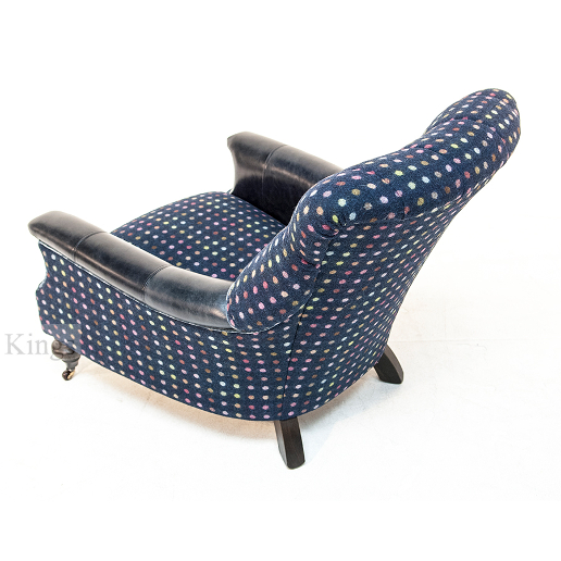 John Sankey Slipper Chair in Blue Spotty Pattern Fabric with Leather Arms