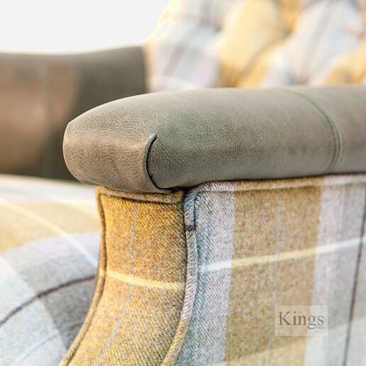 John Sankey Slipper Chair in Viola Barley Wool Fabric and Leather  Arms Detail