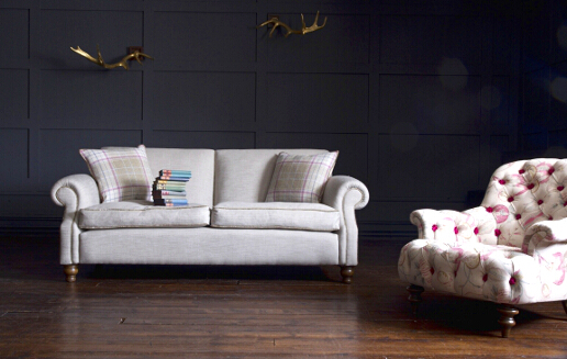 John Sankey Tolstoy Sofa in Vintage Linen Lichen with Crinoline Chair in Omoko Antique Fabrics