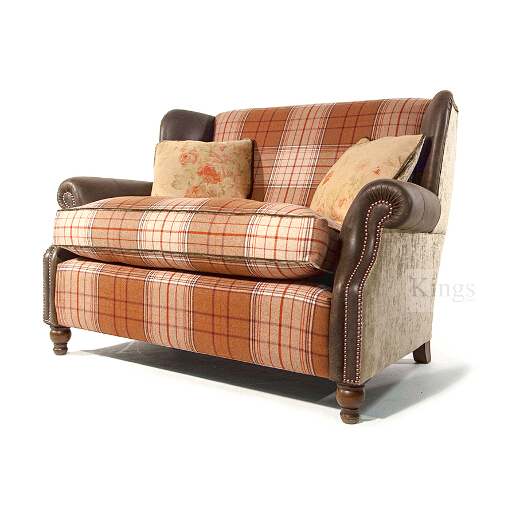 John Sankey Tosca Snuggler Sofa in Cello Toast Fabric with Hawker Peat Arms and Wings