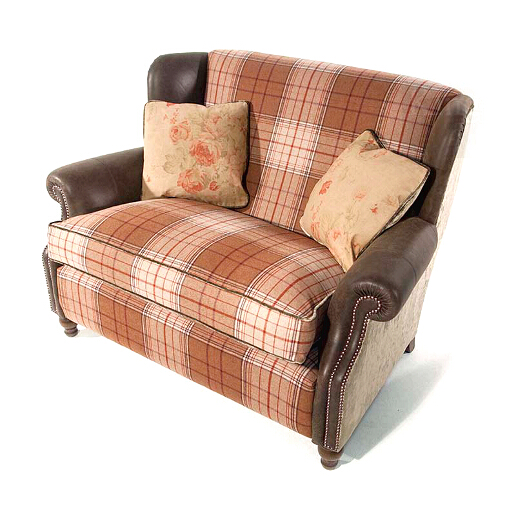 John Sankey Tosca Snuggler Sofa in Cello Toast Fabric with Hawker Peat Arms and Wings