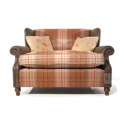 John Sankey Tosca Snuggler Sofa in Cello Toast Fabric with Hawker Peat Arms and Wings