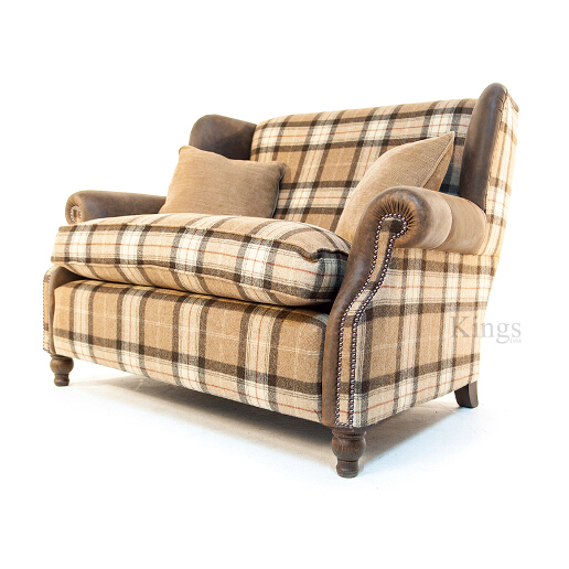 John Sankey Tosca Snuggler Sofa in Soft Check Cognac Wool Fabric with Leather Arms and Wings