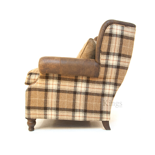 John Sankey Tosca Snuggler Sofa in Soft Check Cognac Wool Fabric with Leather Arms and Wings