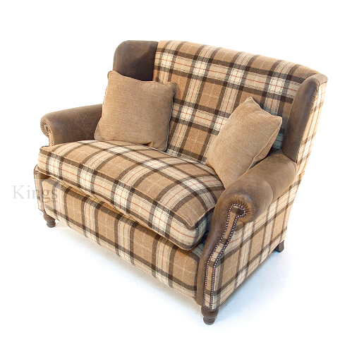 John Sankey Tosca Snuggler Sofa in Soft Check Cognac Wool Fabric with Leather Arms and Wings