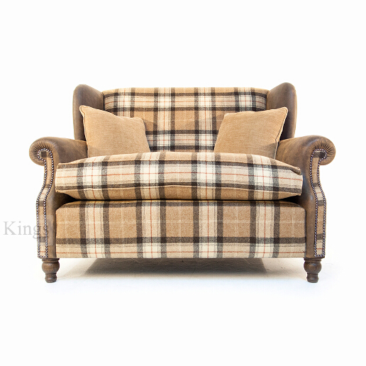 John Sankey Tosca Snuggler Sofa in Soft Check Cognac Wool Fabric with Leather Arms and Wings