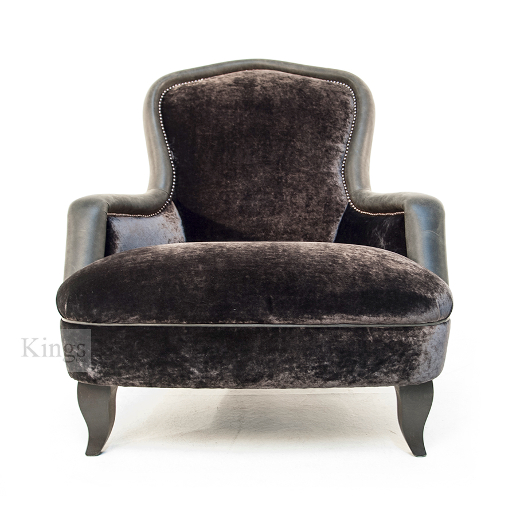 John Sankey Upholstery Alphonse Chair in Brown Velvet Fabrics with Leather Border and Studs