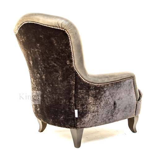 John Sankey Upholstery Alphonse Chair in Brown Velvet Fabric with Leather Border and Studding