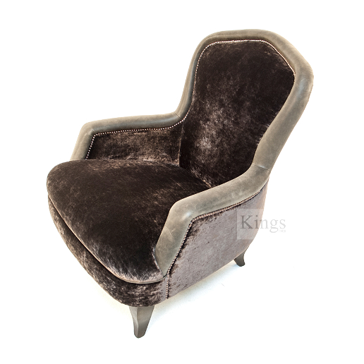 John Sankey Upholstery Alphonse Chair in Brown Velvet Fabric with Leather Border and Studding