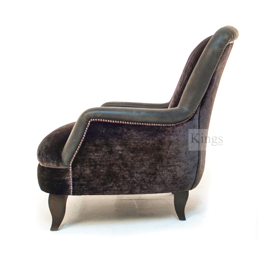 John Sankey Upholstery Alphonse Chair in Brown Velvet Fabrics with Leather Border and Studs