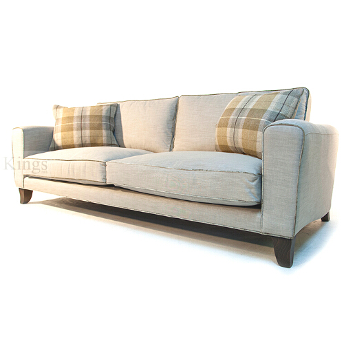 John Sankey Voltaire Sofa in Linen Fabric with Wool Plaid Scatter Cushions