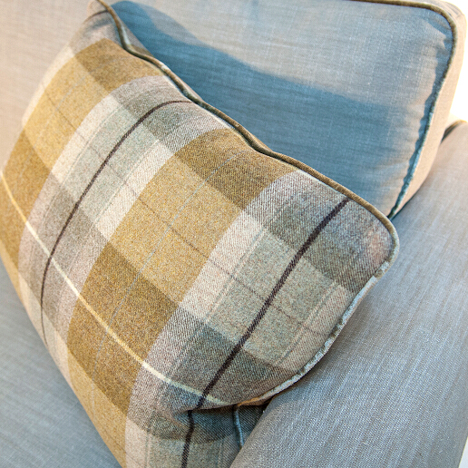John Sankey Voltaire Sofa in Linen Fabric with Wool Plaid Scatter Cushions