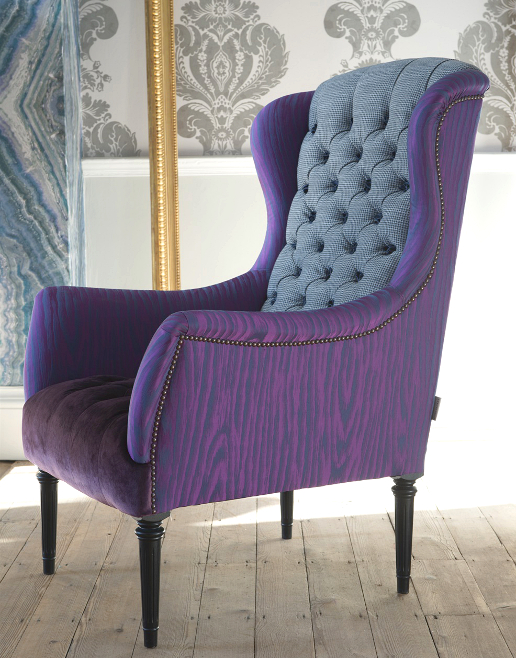 John Sankey Wainwright Chair in Elsa Moire Electric Pink Arms, Gilbert Basalt Inside Back and Pixton Velvet Damson Seat Fabrics