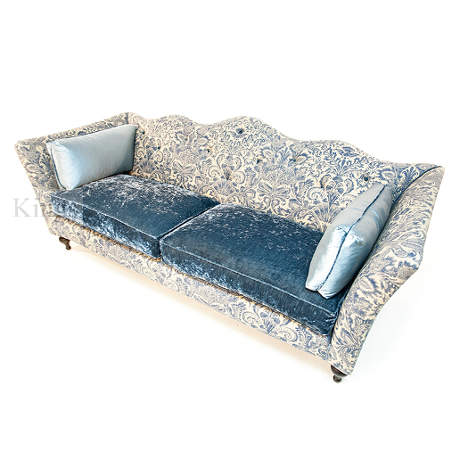 John Sankey Wolseley Sofa in Legacy Bermuda Fabric with Ava Velvet Lagoon Seat Cushions