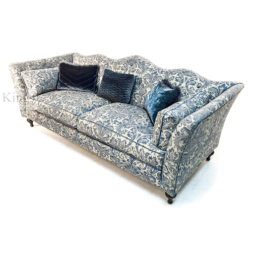 John Sankey Wolseley Sofa in Legacy Bermuda Fabric with Blue Velvet Scatter Cushions