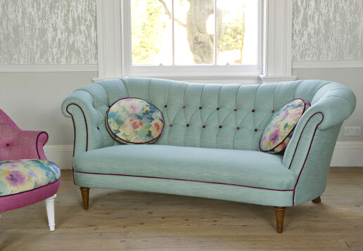 John Sankey Evita Sofa in Vintage Linen Aqua Fabric with Floral Circular Scatter Cushions