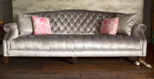 John Sankey Fairbanks Kingsize Lounger in Ibsen Velvet Violet Grey Fabric with Floral Scatter Cushions