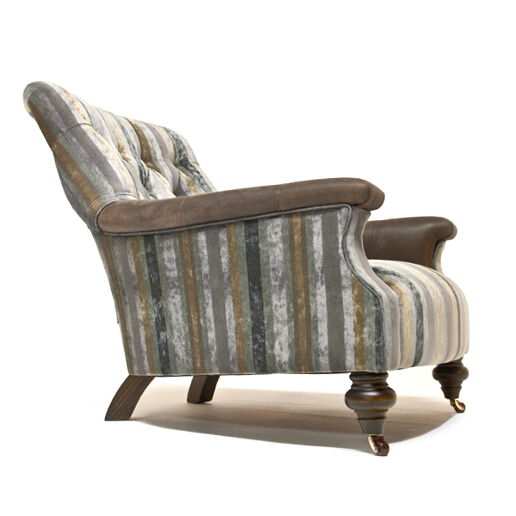 John sankey Slipper Chair in Chevalier Stripe Graphite Fabric with Leather Arms