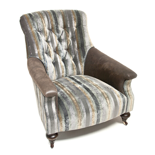 John sankey Slipper Chair in Chevalier Stripe Graphite Fabric with Leather Arms