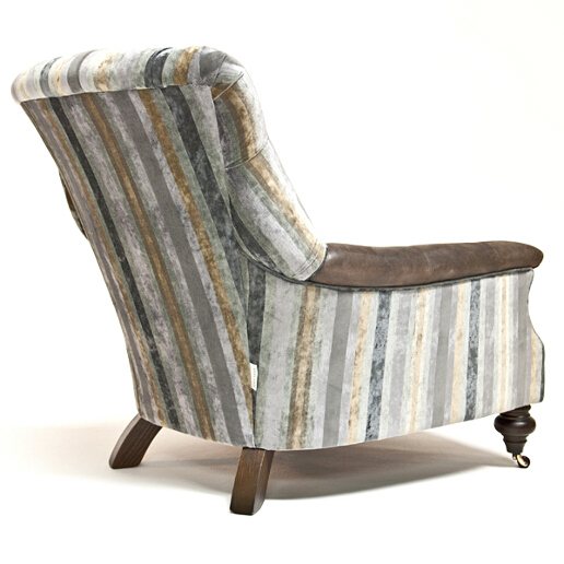 John sankey Slipper Chair in Chevalier Stripe Graphite Fabric with Leather Arms