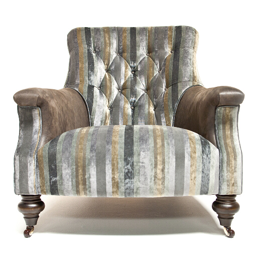 John sankey Slipper Chair in Chevalier Stripe Graphite Fabric with Leather Arms