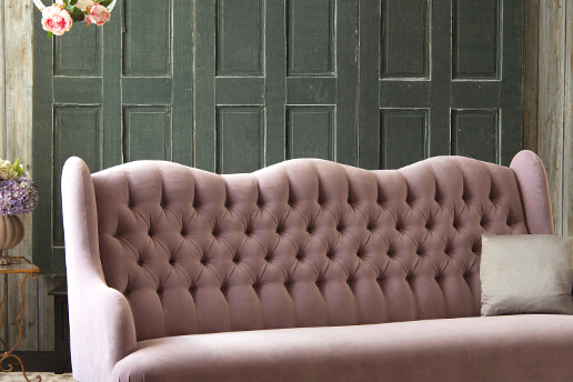 John Sankey Constantine Large Sofa in Tate Velvet Rose Fabric Button Back Detail