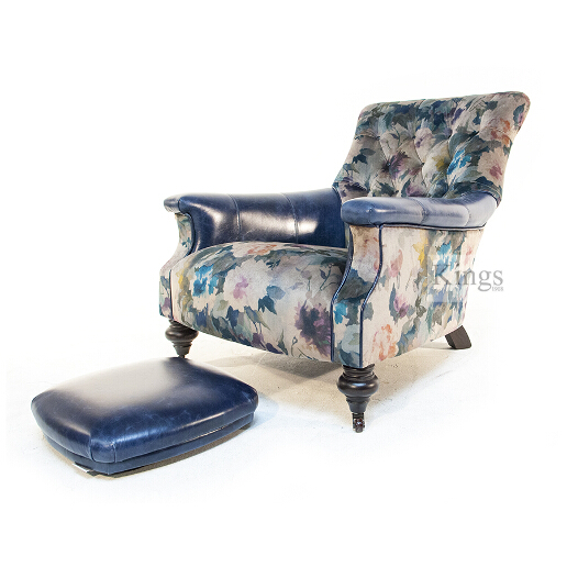 Johns Sankey Slipper Chair in Floral Velvet Fabric with Leather Arms and Button Foot Stool