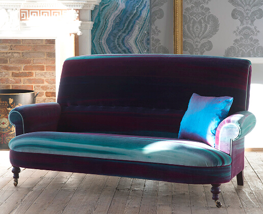 John Sankey Partridge Sofa in Harlequin Amazilia Velvet Lagoon Raspberry Fabric