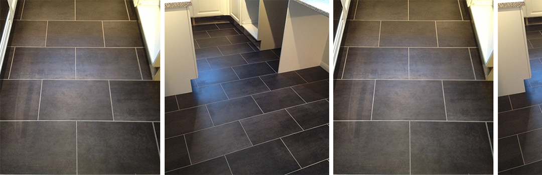 Slate Effect Luxury Vinyl Tile and Grout Strip Fully Screeded and Fitted to a Kitchen