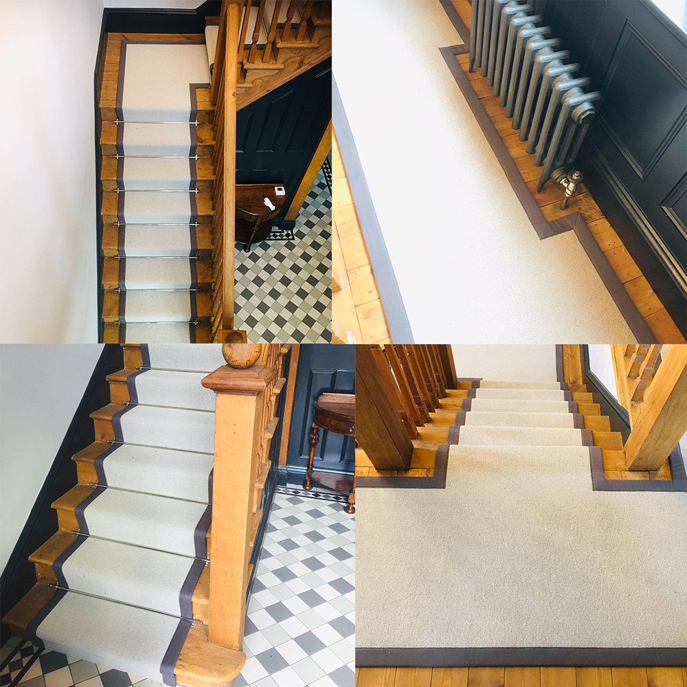 A wonderful stairs and landing using a 100% wool loop pile carpet finished with a contrasting cotton binding