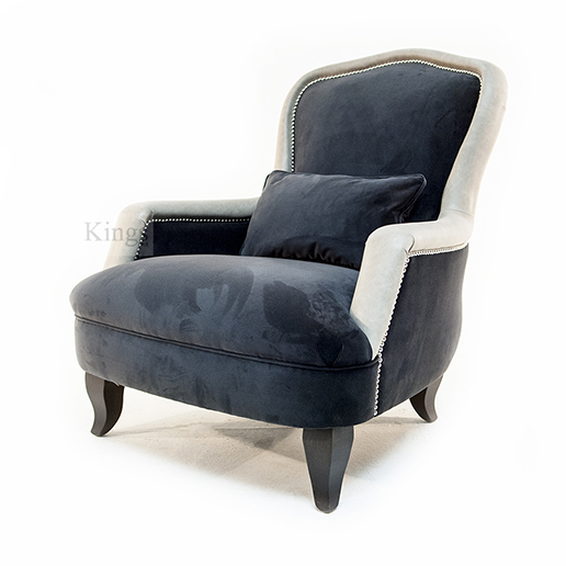 John Sankey Alphonse Chair in Block Velvet Seal Fabric with Leather Arm and Back Border and Chrome Studs