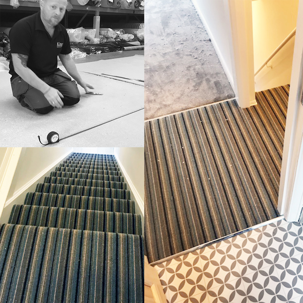 Stairs, Landing, Bathroom and Bedroom by Calvin. A wool stripe to the stairs and landing. Saxony to the bedroom and vinyl to the bathroom.