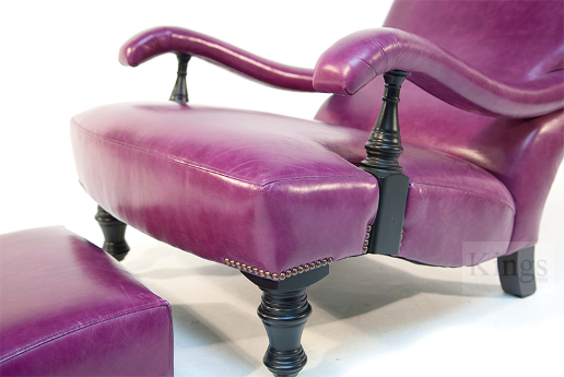 John Sankey Byron Chaise Chair and Footstool in Schiaparelli Cyclamen Leather Details